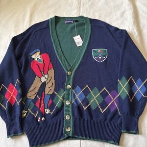 Vintage Hathaway Hand Intarsia Knit Golf Sweater Cardigan Size M NWT Deadstock